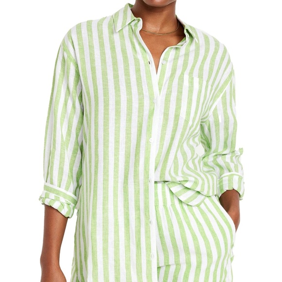 Old Navy Light Green and White Button-Down Linen-Blend Striped Shirt - Picture 1 of 6